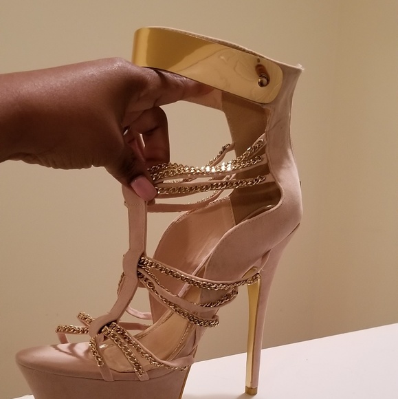 Liliana Shoes - Nude Platform Faux Suede Heels w/ Gold Accents